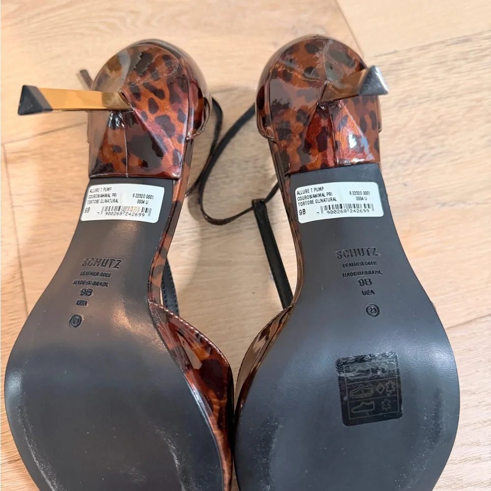 SCHUTZ T-Strap Pointed Toe Heels in Tortoiseshell Brown - Picture 5 of 10